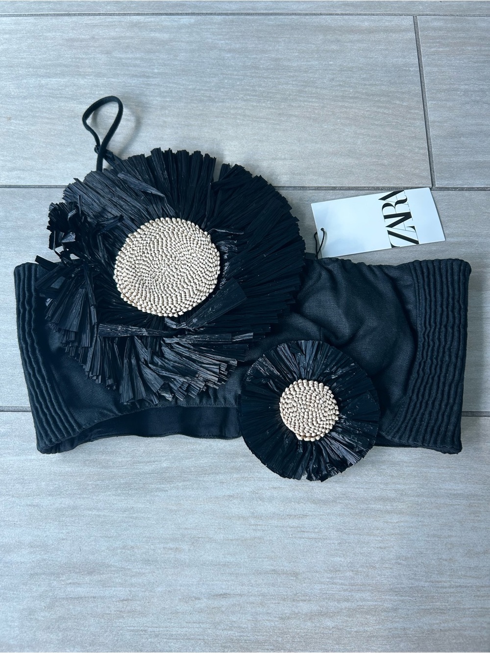 ZARA Black Strapless Bandeau Top with Raffia Floral Embellishments